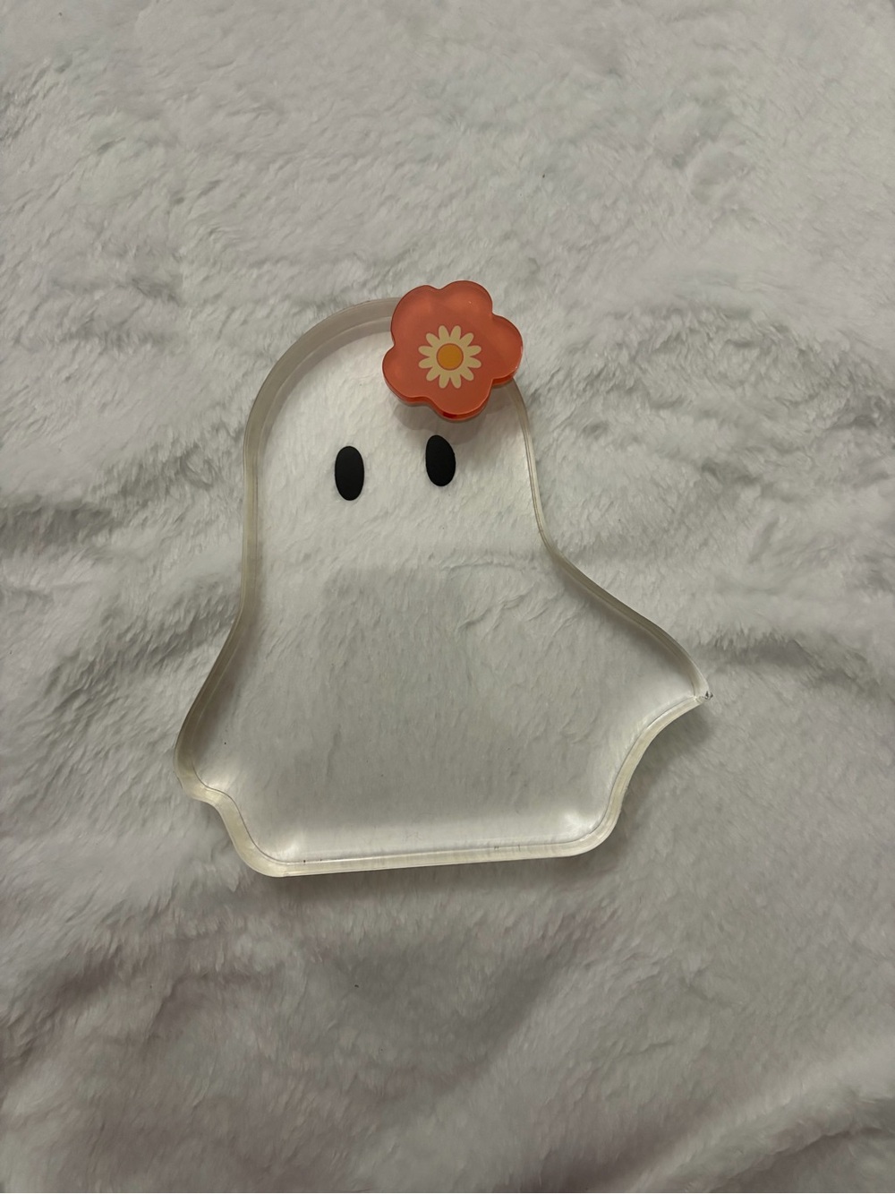 Clear Acrylic Ghost Decor with Orange Flower – Cute Halloween Display